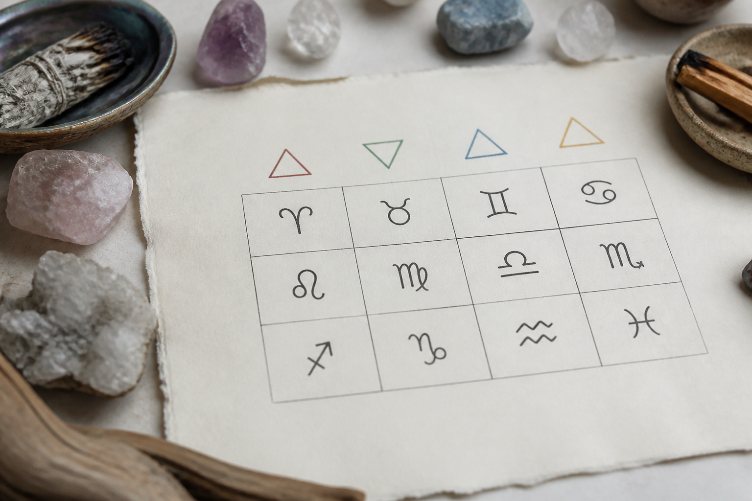 Dört element sütunu ile üç nitelik satırının kesiştiği ve her kesişime bir burç adının düştüğü ızgara çizimi.