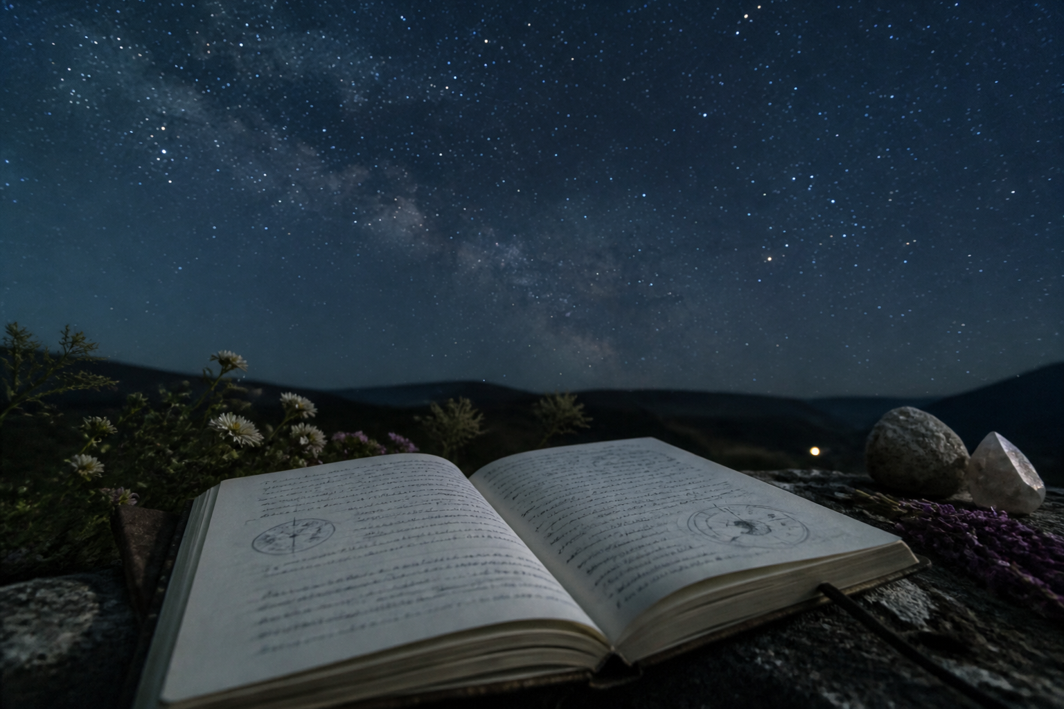 Gece gökyüzünde burçlar kuşağını çevreleyen yıldızların altında açık duran el yazısı bir günce defteri.